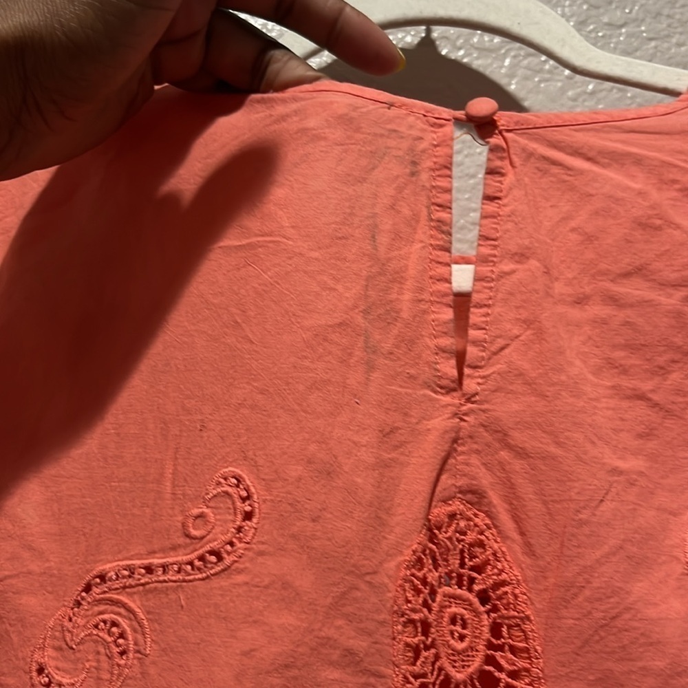 Saint Tropez West Cotton Lace blouse top long sleeve coral pink M Vacay Casual - Picture 8 of 14